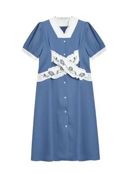 HOUZHOU Elegants Vintage Kleita Sievietēm Zilā Kawaii Ruffles Raibs Vasaras garumā Kleitu Elegants franču Stilā ar Ziedu Izšuvumu