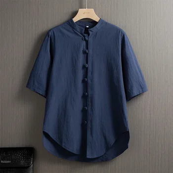 Lina Krekls Vīriešu 2024. gadam Ķīnas Īsām piedurknēm Vintage Pogu uz leju Krekls T-krekls tīrtoņa Krāsu Stand-up Apkakle Zaudēt Lielu Izmēru Augšu