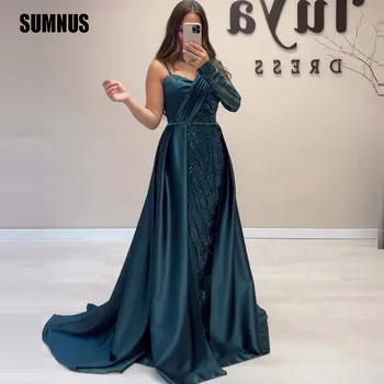 SUMNUS Satīna Sequined Līnijas arābu Vakara Puse Kleitas, Viena Piedurknes Plecu Elegants Dubaija Balles Tērpi Sievietēm Vestidos De Noche