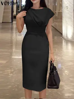 Vasaras Biroja Stila Kleita 2023. Gadam, Sievietēm, Eleganta vienkrāsainu Kleitu VONDA Seksīgu Apaļu Kakla Vidum Teļš Sundress Modes Tērpu Femme